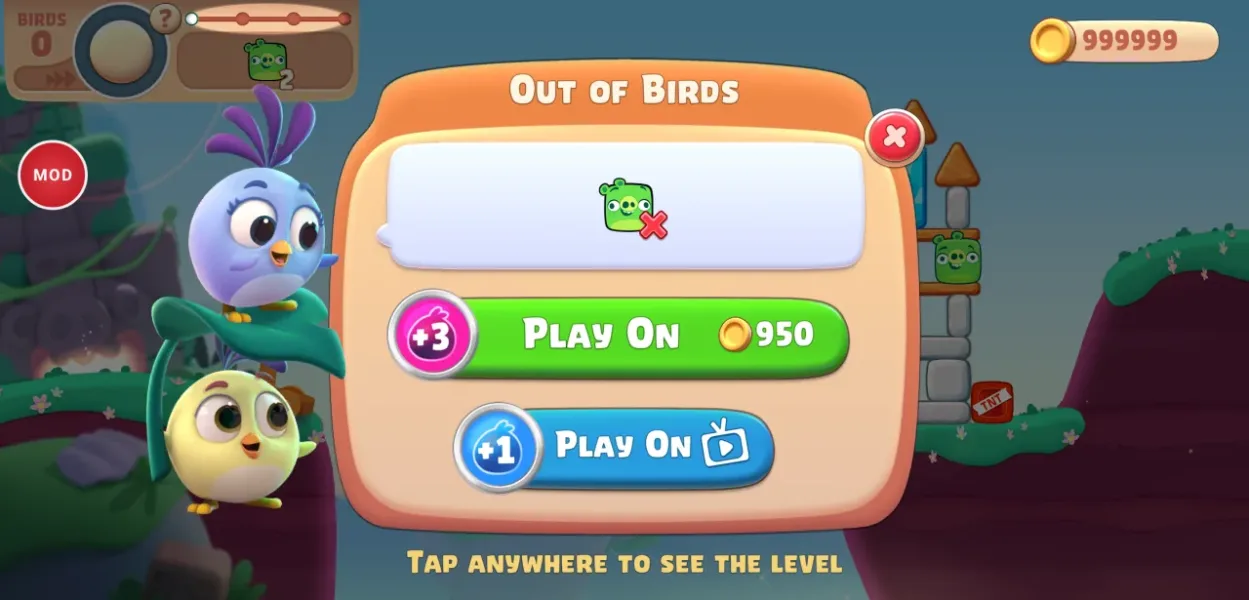 Angry Birds Journey — out of birds screen with 999 999 coins from the coin mod