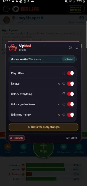 BitLife - Life Simulator — mod menu with every switch on