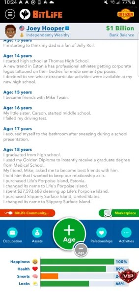 BitLife - Life Simulator — two islands bought and the bank still at 1 billion