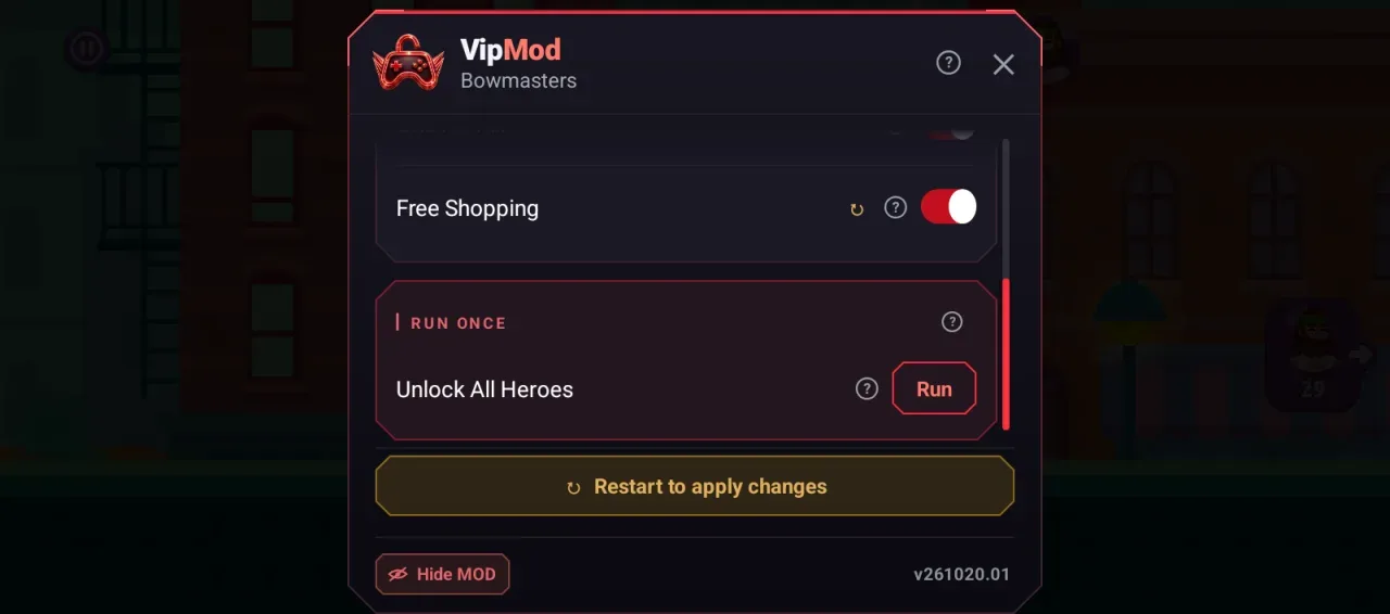 Bowmasters: Archery Shooting — mod menu with free shopping on and unlock all heroes
