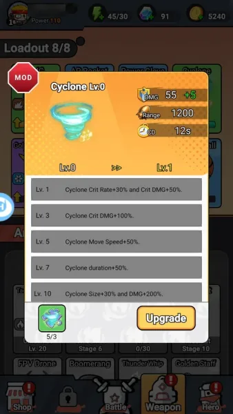 Bullet Survivor - TD Shooter — upgrading the cyclone weapon