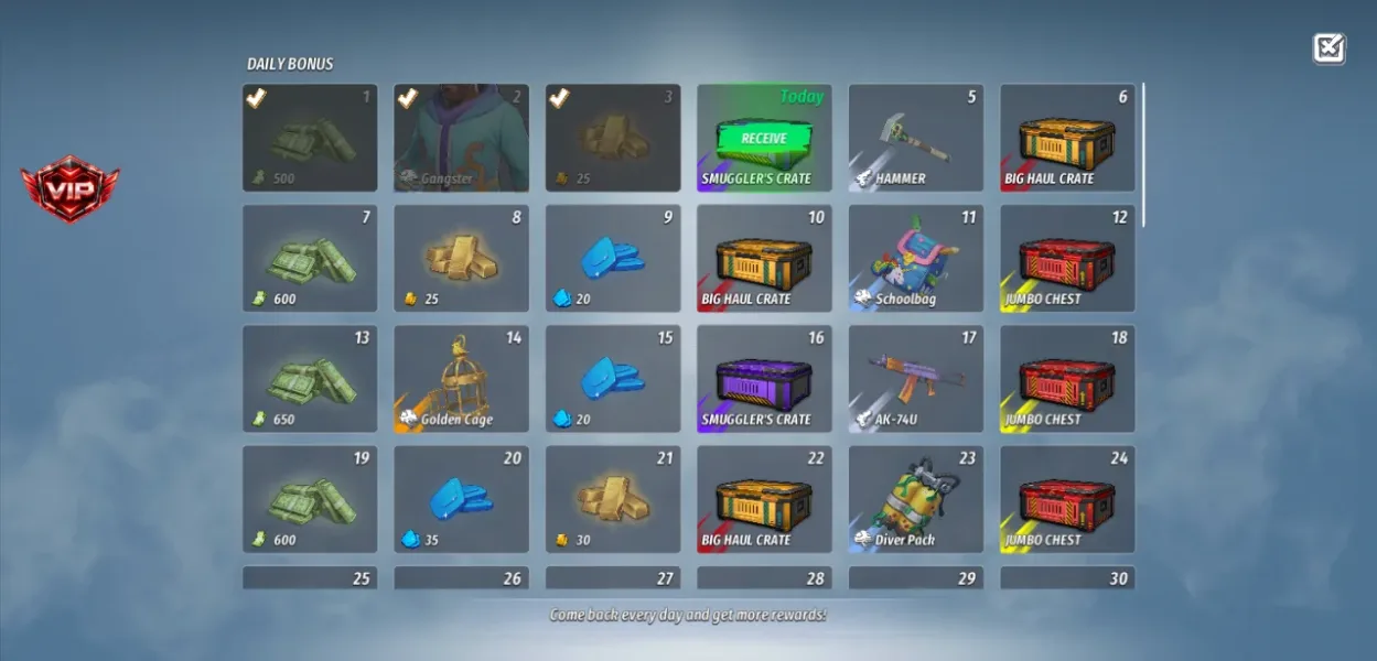 Contra Guns: PvP Shooting FPS — thirty day daily bonus calendar