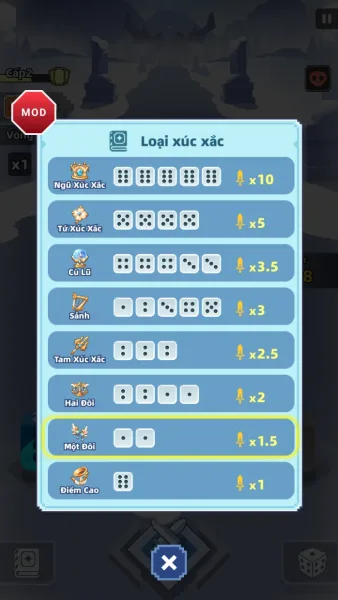 Dicero — table of dice combos