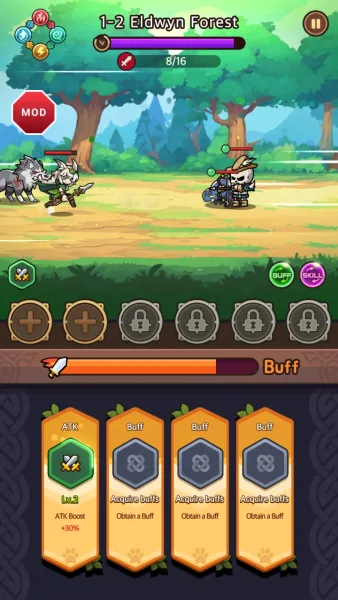Druid Rising: Idle RPG — fighting a stage and picking a buff
