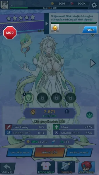 Fortias Saga: Idle RPG — 50m gold pinned while upgrading a hero