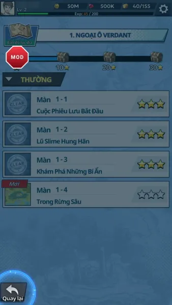 Fortias Saga: Idle RPG — resource bar on the stage select screen