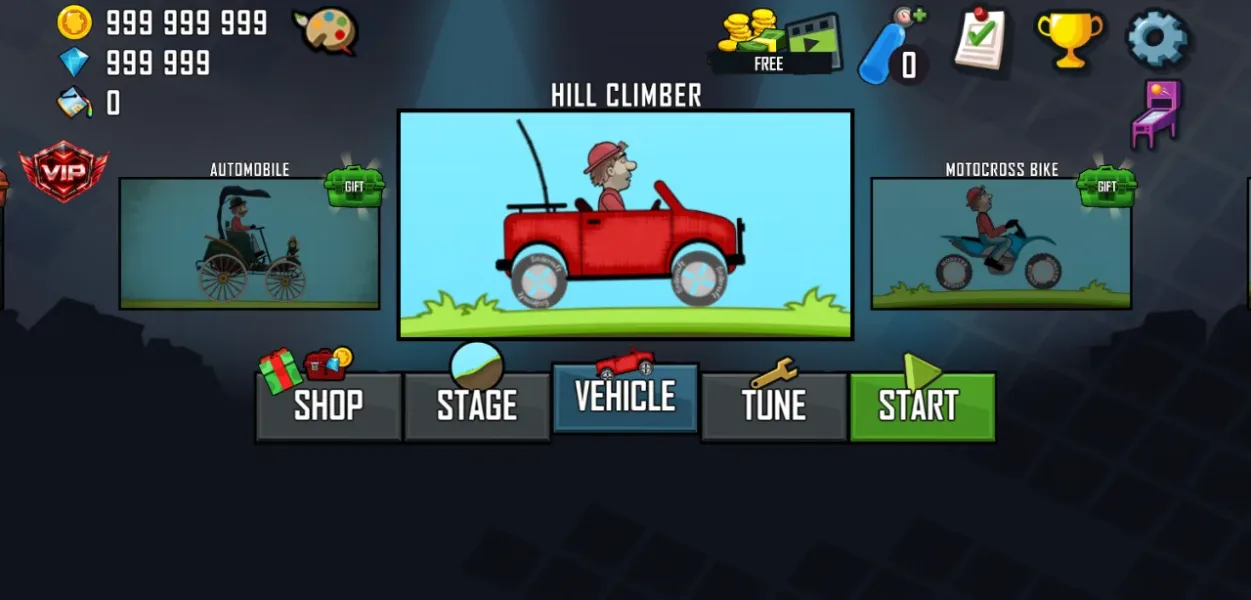 Hill Climb Racing — 999999999 coins and 999999 gems after reopening