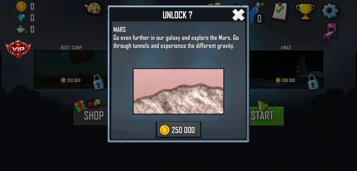 Hill Climb Racing — mars stage asking 250000 coins
