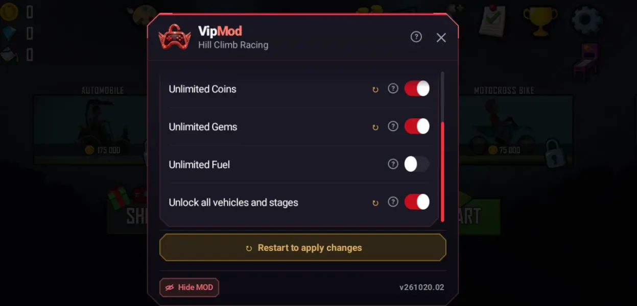 Hill Climb Racing — mod menu unlimited coins gems and unlock all on