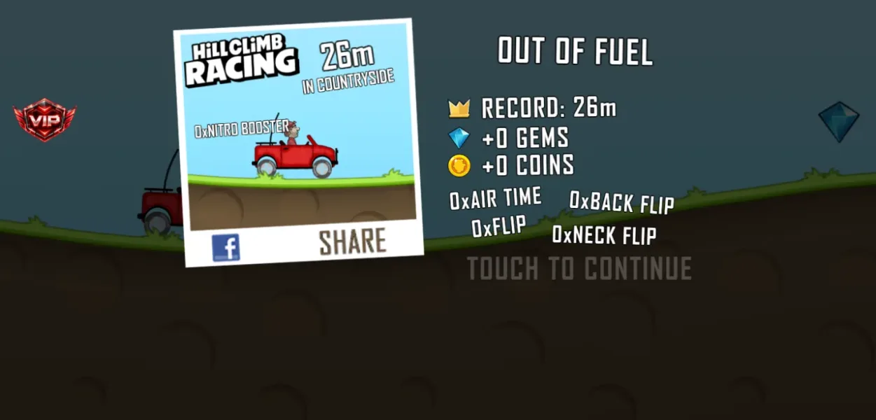 Hill Climb Racing — out of fuel after 26m without the mod
