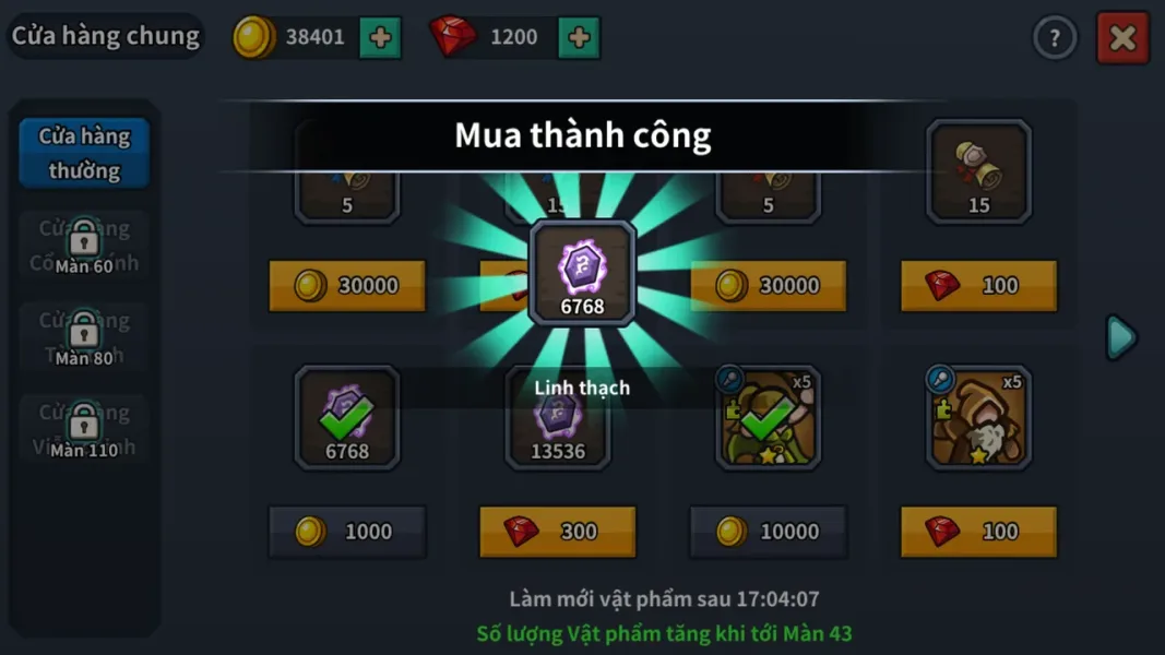 Idle Kingdom Defense — buying items with gold from sped up battles
