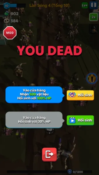 Idle Zombie Wave: Survival TD — free revive on the you dead screen