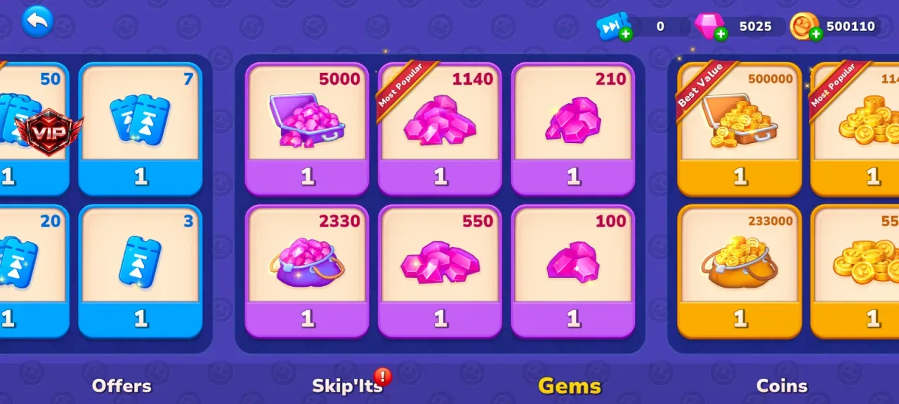 Kick the Buddy — free gem and gold packs priced at 1 with 5025 gems