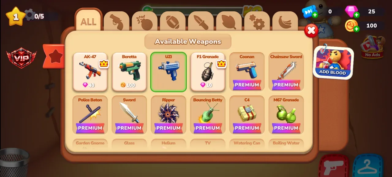Kick the Buddy — uzi bought for 300 gold and gold still at 100