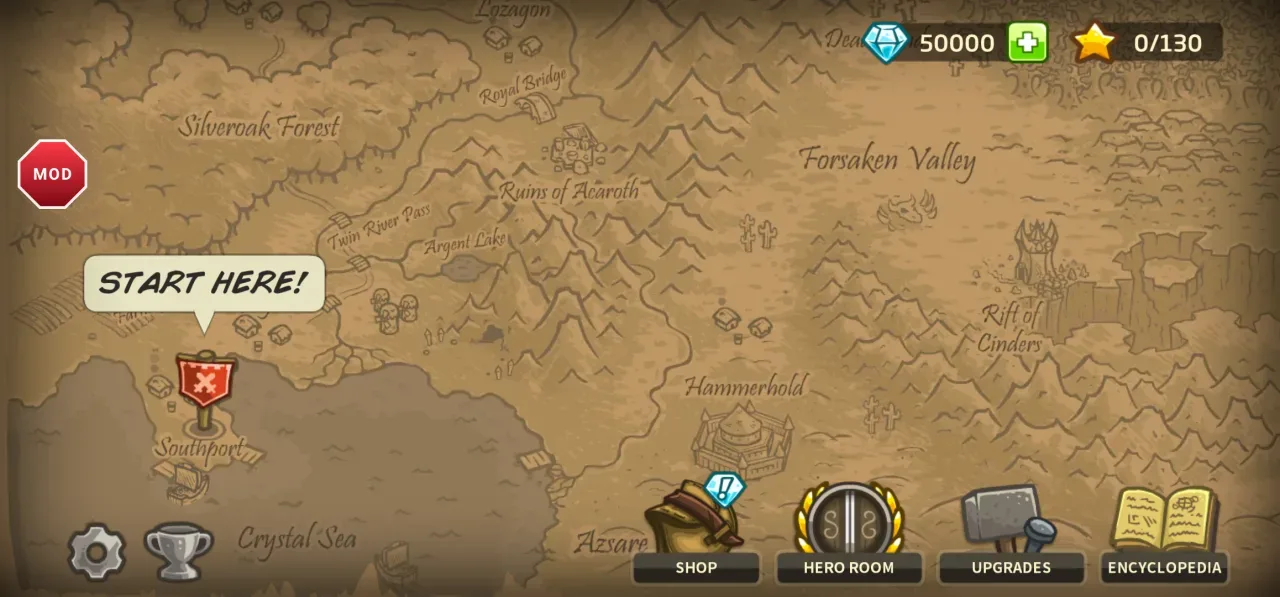 Kingdom Rush Tower Defense TD — gems topped up to 50 000 by the mod