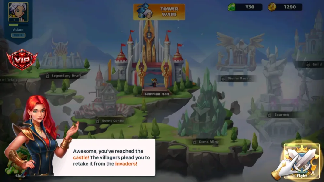 Mighty Party: Epic RPG Heroes — castle lobby with locked buildings