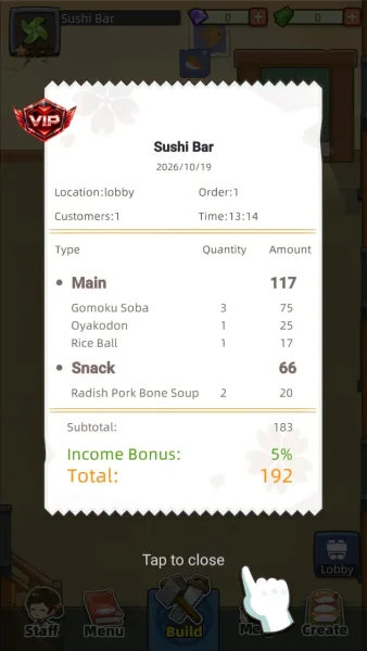 My Sushi Story — first receipt 192 gold