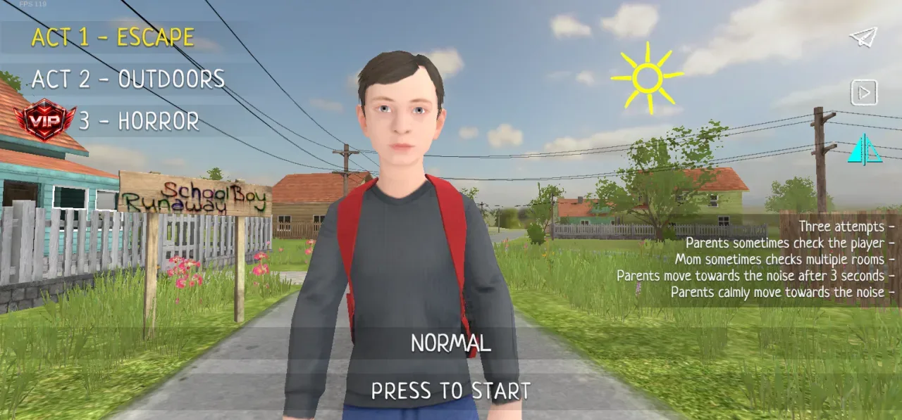 SchoolBoy Runaway - Stealth — main menu with three acts on normal