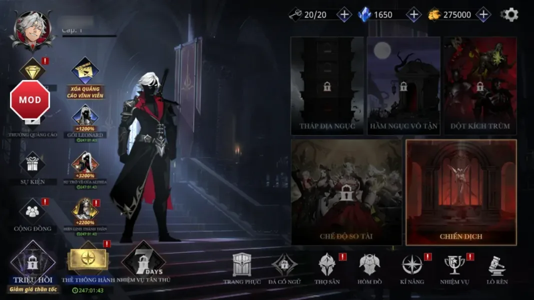 Shadow Slayer: Demon Hunter — main lobby with the game modes