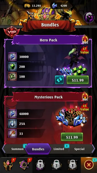 Shadow War: Idle RPG Survival — bundles hero pack and mysterious pack at 11 99