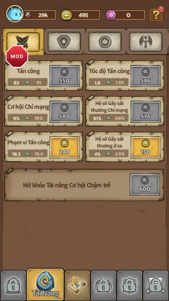 Slime Castle — Idle TD Game — mod frozen gold on the talents screen