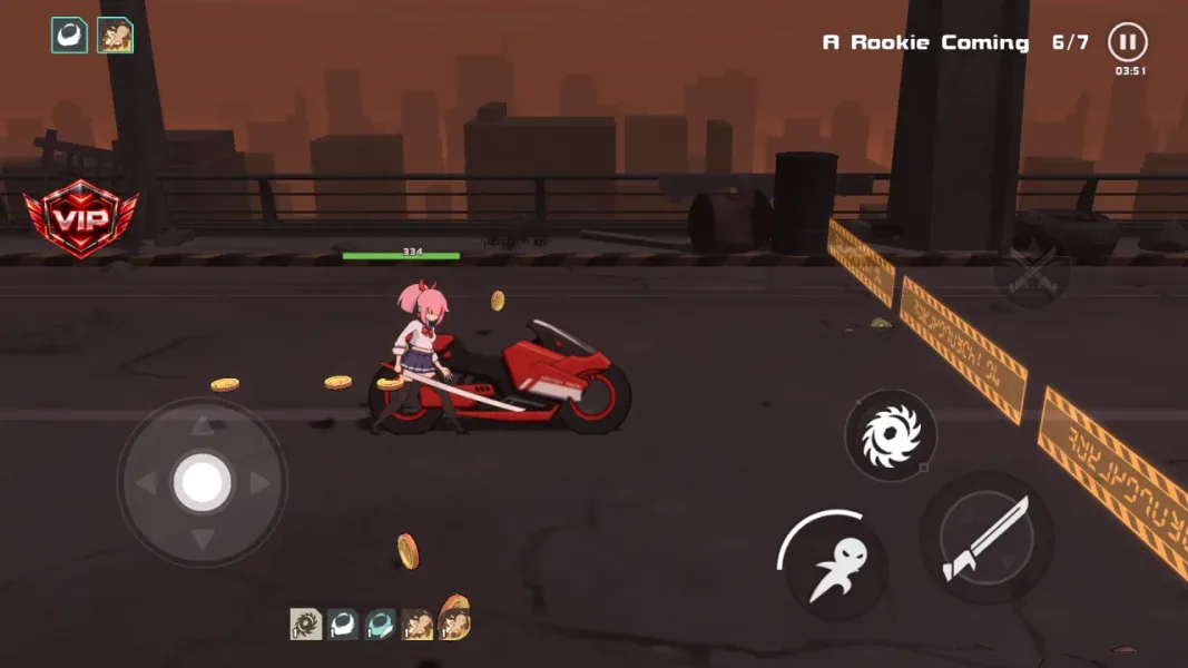 Swordash — red motorcycle and gold coins in the tutorial bridge room