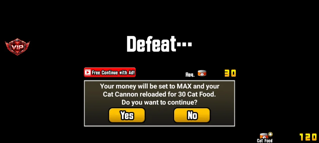 The Battle Cats — defeat screen asking 30 cat food to continue