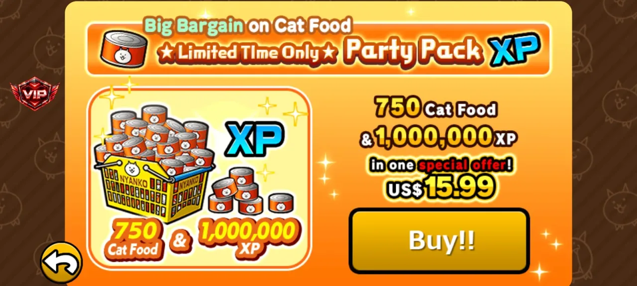 The Battle Cats — party pack 750 cat food and 1000000 xp for 15 99