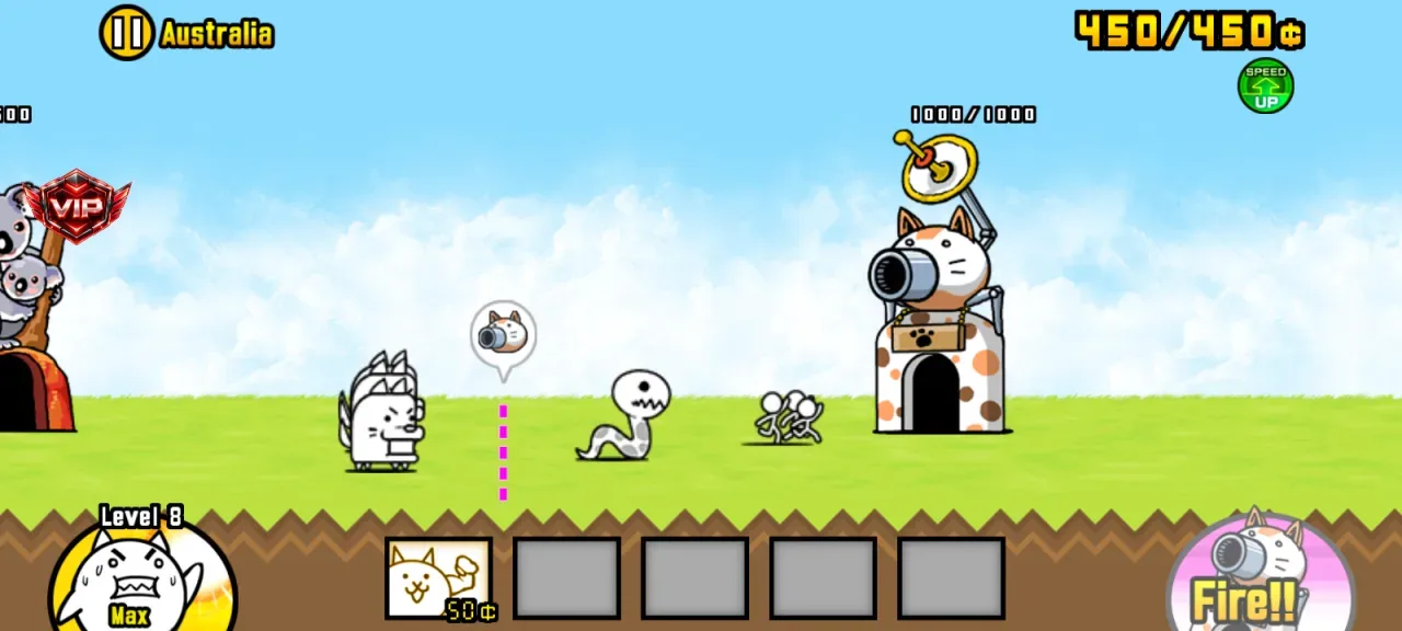 The Battle Cats — wallet maxed after continuing with cat food still at 120