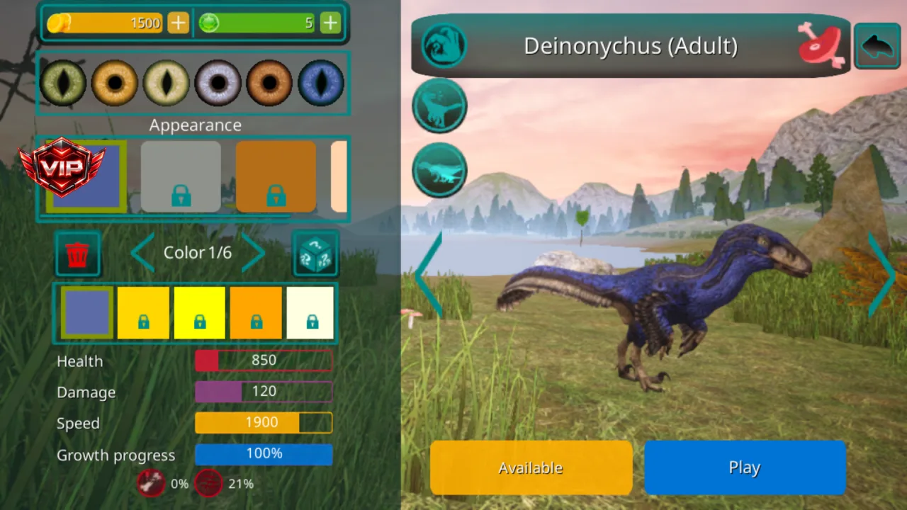 The Cursed Dinosaur Isle — deinonychus stats and color picker