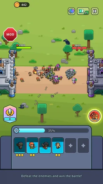 Tiny Warriors Rush — castle battle at wave 10 with the six slot unit lineup