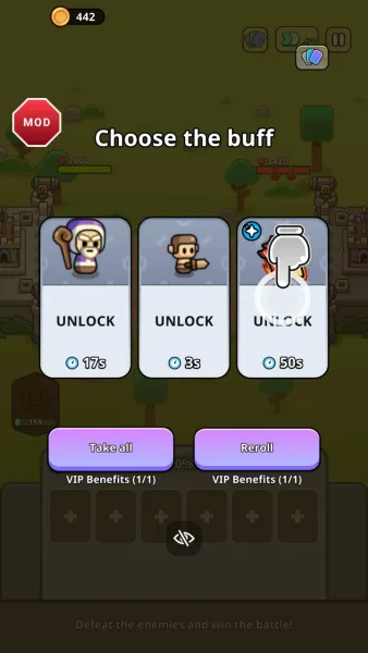 Tiny Warriors Rush — choosing a buff card with the vip take all and reroll buttons
