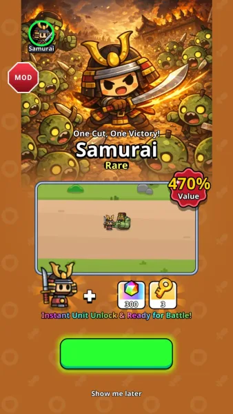 Tiny Warriors Rush — paid samurai pack advertised at 470 percent value