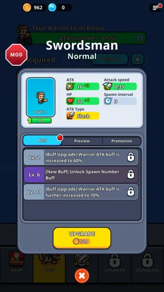 Tiny Warriors Rush — swordsman upgrade costing 520 coins
