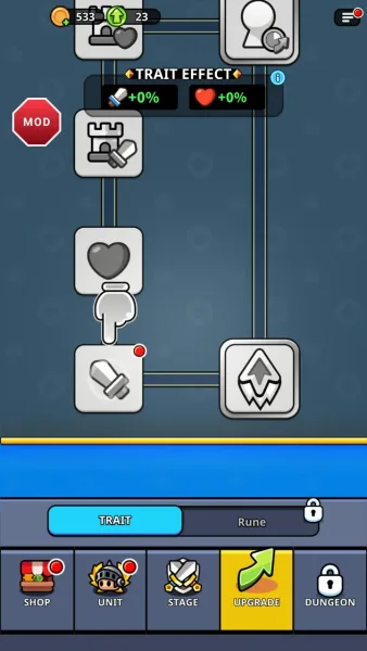 Tiny Warriors Rush — trait tree of permanent upgrades