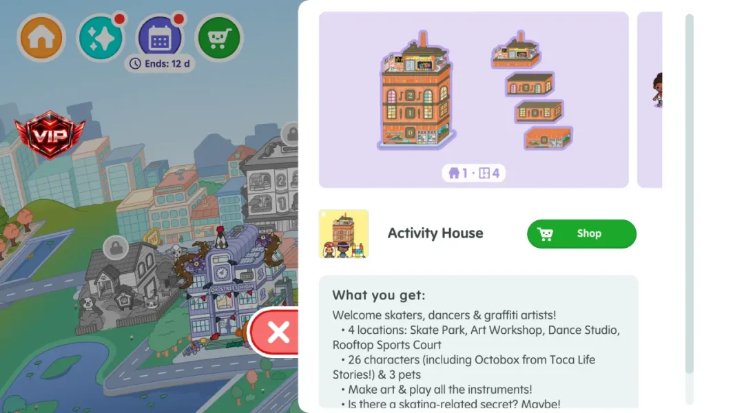 Toca Boca World — activity house pack behind the shop button