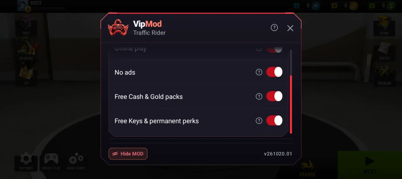 Traffic Rider — mod menu with every switch on