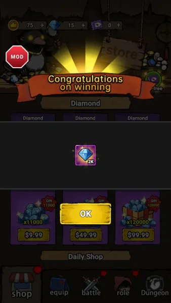 Turnaround Adventure — diamond pack claimed for free under the congratulations on winning banner