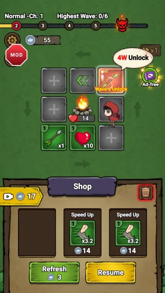 Turnaround Adventure — placing weapon cards on the 3x3 board around the campfire