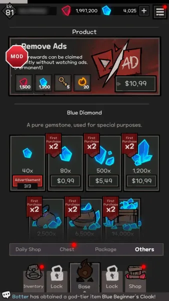 UnderDark: Defense — shop prices including the 10 dollar 99 remove ads pack
