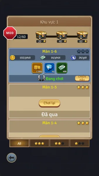 Zombie War Idle Defense — campaign map area 1 with each stages income rates