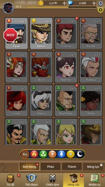Zombie War Idle Defense — hero roster across six elements
