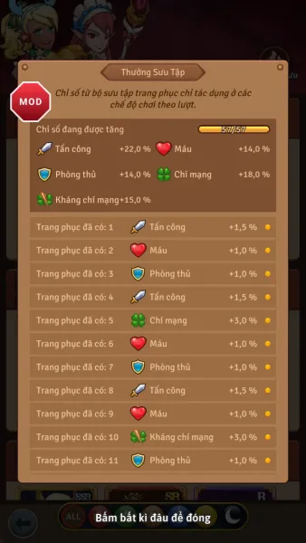 Zombie War Idle Defense — outfit collection bonus stats at 57 57